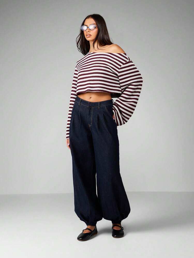 MISSGUIDED オフショルダー ストライプ クロップド セーター