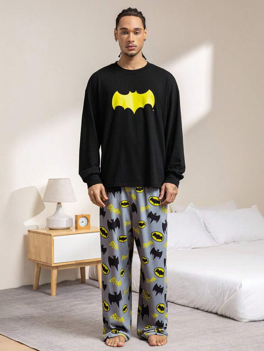 BATMAN X SHEIN Men's Bat Print Long Sleeve Top And Pants Loose Fit Pajama Set, Spring/Autumn, Winter Clothes Men Pjs Set Sleep Wear Men Men Pajama Cartoon Pajamas - Black - View 1