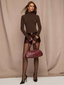 SHEIN BAE Quần short lưng thấp màu trơn thường ngày dành cho nữ - màu nâu - Xem 6