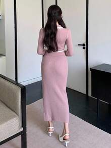 DAZY 2pcs Women Contrast Trim Cardigan & Knit Skirt Set - Pink - View 3