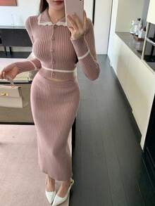 DAZY 2pcs Women Contrast Trim Cardigan & Knit Skirt Set - Pink - View 5
