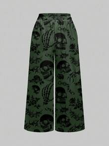ROMWE Goth 大码宽松宽松裤，全身朋克骷髅、蝙蝠、荆棘印花 - 黑色 - 查看 2