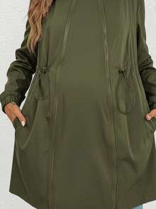 SHEIN 孕妇装三合一纯色连帽拉链长袖夹克 - 軍綠色 - 查看 8