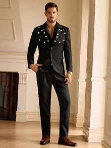 Manfinity BRENVOR Men's Elegant Gentleman Faux Pearl Detail Single-Breasted Blazer, For Fall Winter - Black - View 6
