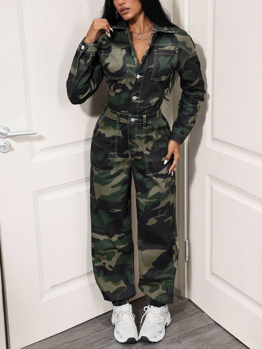 SHEIN Tall Women's Casual Versatile Drawstring Sexy Camouflage Denim Jumpsuit And Overalls - Multicolor - View 1