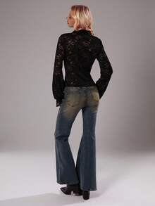 TRNVIE 1 件女式黑色蕾丝植绒腰部收紧低领喇叭袖复古波西米亚优雅长袖 T 恤，秋季 - 黑色 - 查看 2