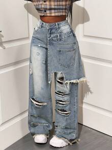 BamGleam Jeans anchos de pierna ancha con estilo casual de moda callejera, con efecto rasgado y bordes crudos para mujeres