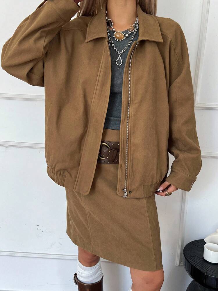 Women's Collared Short Jacket And A-Line Mini Skirt 2 Pieces Casual Set