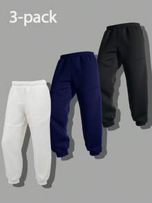 SHEIN 3 件套青少年男童休闲慢跑裤，经典简约百搭运动裤，适合居家、通勤、上学、日常休闲、度假、户外、派对、秋冬 - 彩色 - 查看 1