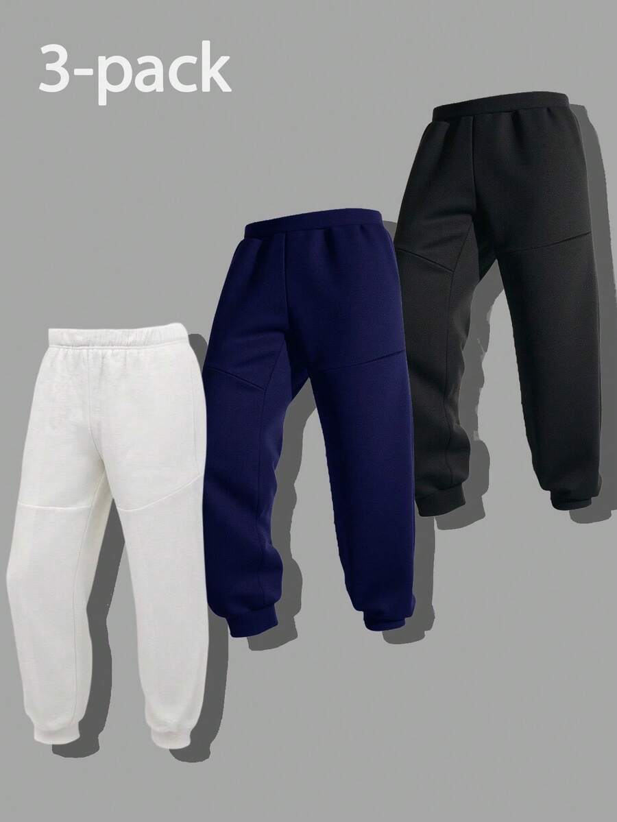 SHEIN 3 件套青少年男童休闲慢跑裤，经典简约百搭运动裤，适合居家、通勤、上学、日常休闲、度假、户外、派对、秋冬 - 彩色 - 查看 1