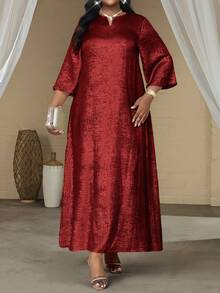 SHEIN Lady 2025年秋季優雅酒紅色大尺碼女款生日派對長洋裝，V領短袖亮面開衩最大裙長聖誕套裝時尚系列 - 酒紅色 - 查看 1