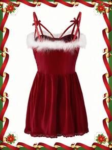 女式红白毛绒交叉系带蝴蝶结连衣裙，蓬松甜美，风骚风格，装饰华丽，适合圣诞派对和聚会 - 紅色 - 查看 7