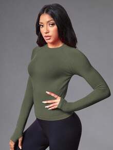 Easithlete Women's Solid Color Seamless Thumb Hole Fitted Raglan Sleeve Sports T-Shirt Long Sleeve Active Wear Compression Slim Top Seamless Work Out Top Gym Shirt Women Tummy Control Tops - Army Green - View 4
