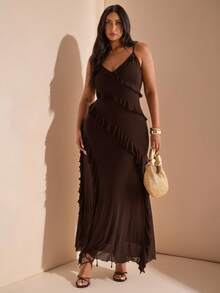 SHEIN BAE Đầm maxi cổ yếm in hoa họa tiết da báo thời trang mùa hè thanh lịch dành cho nữ cỡ lớn, thích hợp cho các buổi hòa nhạc, đi làm tốt nghiệp - Cà phê nâu - Xem 7