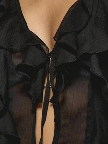 MISSGUIDED 透明雪纺长款上衣，荷叶边细节喇叭袖，维多利亚风格，系带前开襟，长款长外套，夏季海滩罩衫，秋季派对晚礼服 - 黑色 - 查看 6