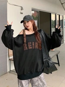 DAZY 女士豹纹单肩韩版字母休闲长袖卫衣，秋冬 - 黑色 - 查看 5