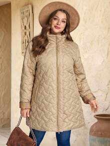 EMERY ROSE Plus Size Women Winter  Casual Solid Color Zip-Up  Plaid Patchwork Khaki Padded  WarmCoat, Stand Collar With Pockets, Autumn/Winter,Going Out Outfits,2025 New Clothes,Simple And Fashionable For Everyday Wear - Khaki - View 6