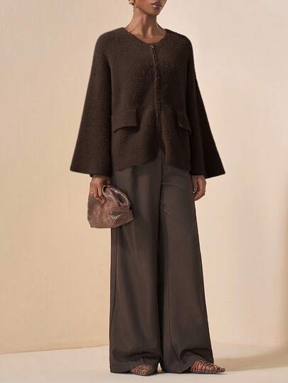 Zivah New Autumn/Winter New Elegant & Party & Date & Casual & Outdoor & Home Solid Khaki Loose Flare Long Sleeve Zip Front Women Knitted Cardigan Sweater