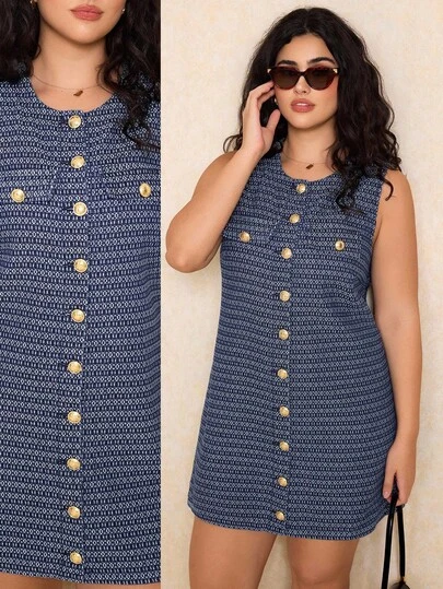 Elaquor 大码女式全身印花圆领单排扣无袖休闲牛仔连衣裙