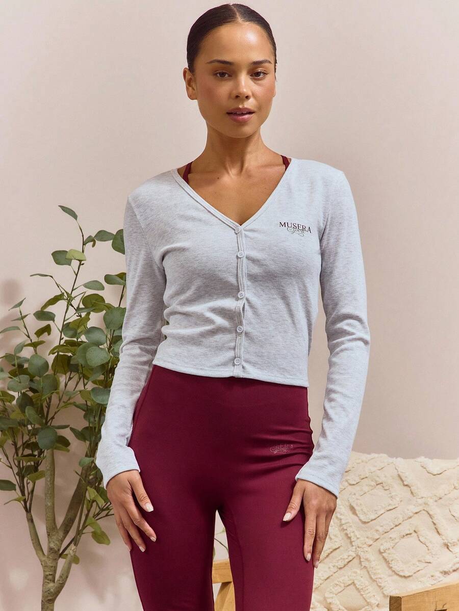 Musera Sport Áo croptop dài tay, chất liệu mềm mại, có gân, cài nút, kiểu dáng thanh lịch, năng động, thích hợp cho tập luyện thể thao, tập gym, đi học, tập Pilates. - Xám - Xem 1