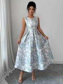 Elenzga Robe d'été élégante à plis jacquard sans manches pour femmes