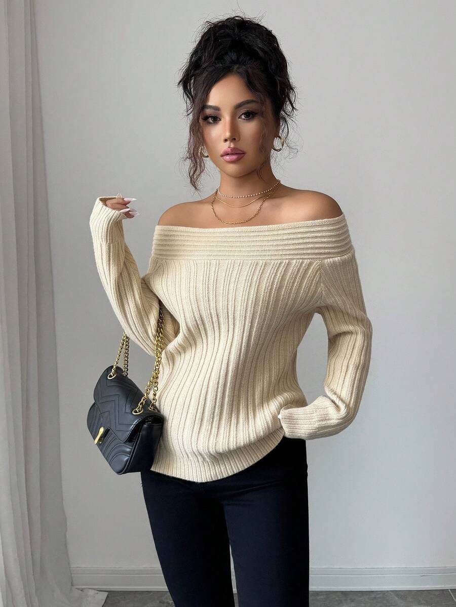 SHEIN Elenzya Elegant Minimalist Solid Color Ribbed Knit Off-Shoulder Sweater, Autumn/Winter - Apricot - View 1