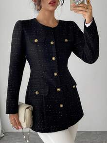 DAZY Women's Round Neck Cardigan Long Sleeve Fitted Short Elegant Regular Jacket Women Coats - Black - View 5