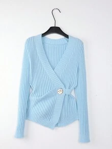 Franclia 女士浅蓝色新款秋冬V领交叉金属纽扣不对称下摆针织立体纹理腋下长袖开衫，欧美风优雅简约时尚日常通勤 - 藍色 - 查看 3