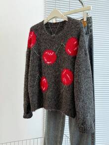 Franclia Rhinestone Embellished Colorblock Crew Neck Long Sleeve Sweater For Women - Grey - View 1