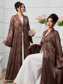 Yasmyna Elegant Tie-Front Long Sleeve Jacquard Satin Abaya Robe For Women