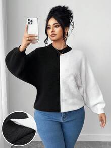 Elenzga Plus Size Women's Black And White Patchwork Batwing Sleeve Crew Neck Sweater,Autumn Elegant Smart Casual Everyday Gothic Thick Knitted Loose Pullover - Black and White - View 6