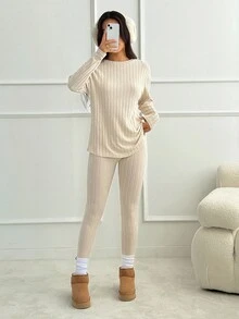 SHEIN PETITE 落肩罗纹针织T恤和紧身裤纹理面料两件套