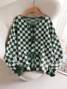 CosyJoli 大码女式圆领落肩长袖系带休闲千鸟格针织开衫 - 墨綠色 - 查看 4