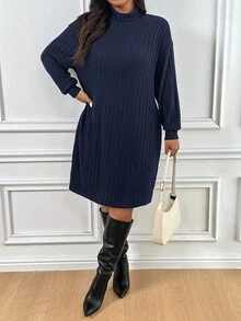 SHEIN Frenchy 大码女式纯色立领落肩休闲罗纹宽松连衣裙 - 藏蓝色 - 查看 4