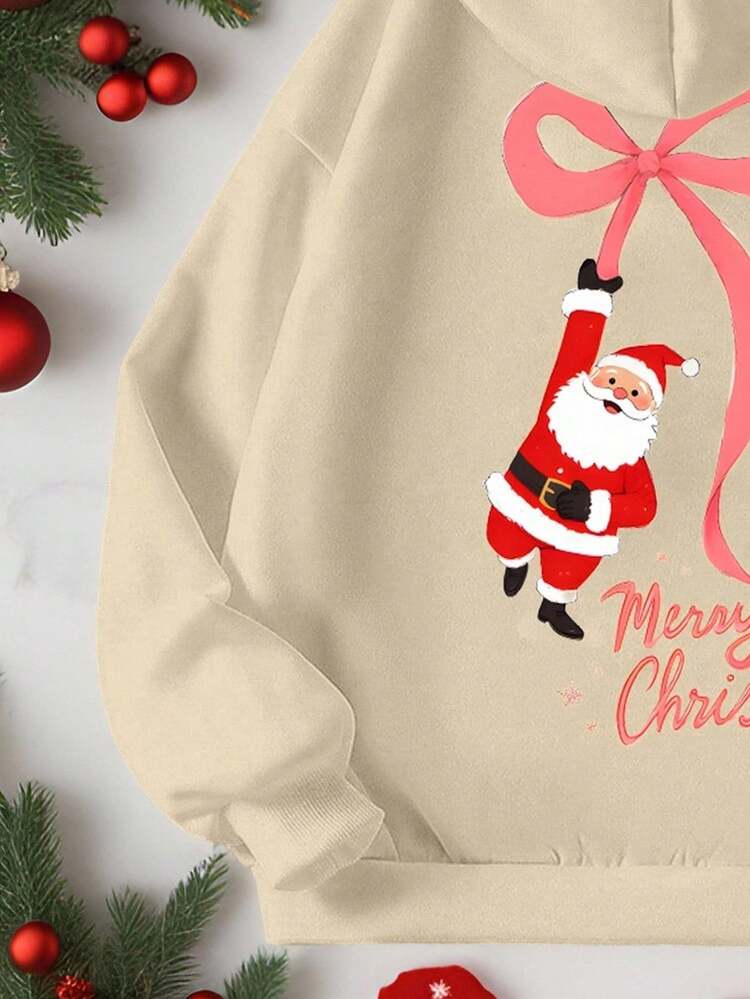Teen Girl Apricot Pocket Japanese Style Sweatshirt, Bow, Santa Claus, English Text Print, Suitable For Christmas, Outdoor Play, All-Match Versatile Cute Cartoon - Apricot - View 3
