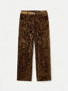 lacRébo Herbst Vintage braune zerknitterte Samt Straight-Leg Hose, Frühling Sommer Büro Business Casual Party Hose, Silvester Party - Braun - Übersicht 6
