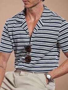 Manfinity Homme Camisa de manga corta casual de rayas jacquard tejida para hombres - Azul - Ver 5
