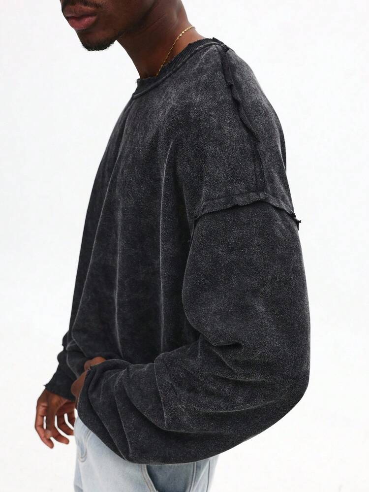 Acid Wash Cotton Sweatshirt With Raw Edge Details