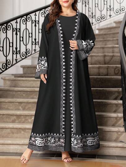 SHEIN Najma 大码女式佩斯利印花 V 领长袖优雅阿拉伯风格长裙，春夏