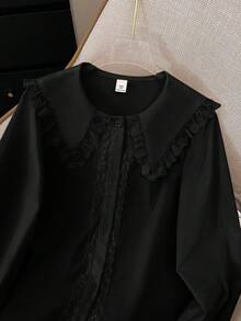 SHEIN 优雅蕾丝边领口长袖黑色衬衫，适合少女毕业季穿着 - 黑色 - 查看 5