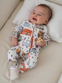 新生儿卡通汽车印花圆领长袖休闲连体衣秋冬款 - 彩色 - 查看 3