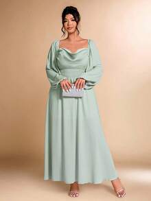 Cravure Christmas Plus Size Elegant Party Solid Color Draped Neck Side Slit Dress - Mint Green - View 4