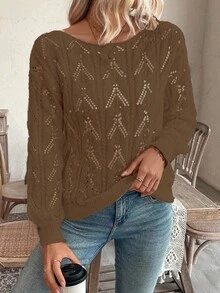 SHEIN LUNE Sweater Pullover Longgar Bermotif Bunga Berongga dengan Bahu Terbuka, Gaya Liburan Kasual - Coffee Brown - View 4