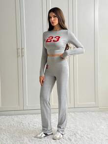 SHEIN Tall Set de 2 piezas Chándal de talla grande con cuello redondo, manga larga y estampado gráfico, color gris, para otoño/invierno