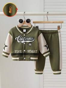 SHEIN 2件套男童美式军绿色拼布棒球夹克+抽绳裤，秋冬 - 軍綠色 - 查看 3