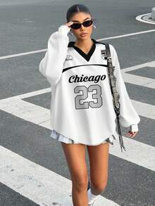 Muchica Chemise décontractée à manches longues et col polo avec couleurs contrastées pour femmes, convient pour l'automne/l'hiver, les événements sportifs, bleu royal, les matchs de balle, le basketball, numéro 23 - Noir et Blanc - Voir 3