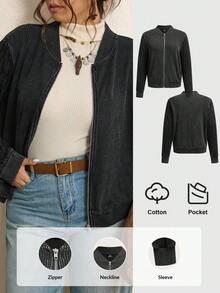 SHEIN LUNE 大码女式纹理拼布拉链夹克，棉质新年感恩节秋冬女装 - 黑色 - 查看 1