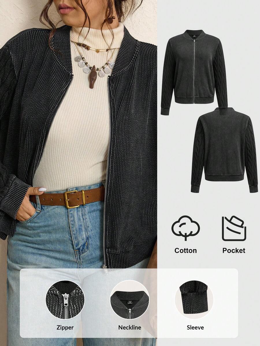 SHEIN LUNE 大码女式纹理拼布拉链夹克，棉质新年感恩节秋冬女装 - 黑色 - 查看 1