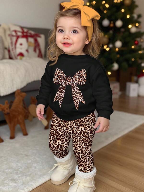 SHEIN Set de 2 piezas de sudadera de manga larga con cuello redondo suave y grueso, y leggings con diseño de lazo y estampado de leopardo vintage casual para bebé niña, adecuado para otoño/invierno
