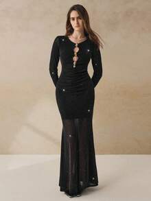 INAWLY Women's Black Mesh Sequin Dress - Black - View 3